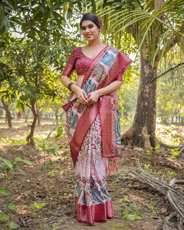 Blush Pink Digital Print Tussar Silk Saree with Zari Border and Peacock Motif Pallu DIGITAL PRINT