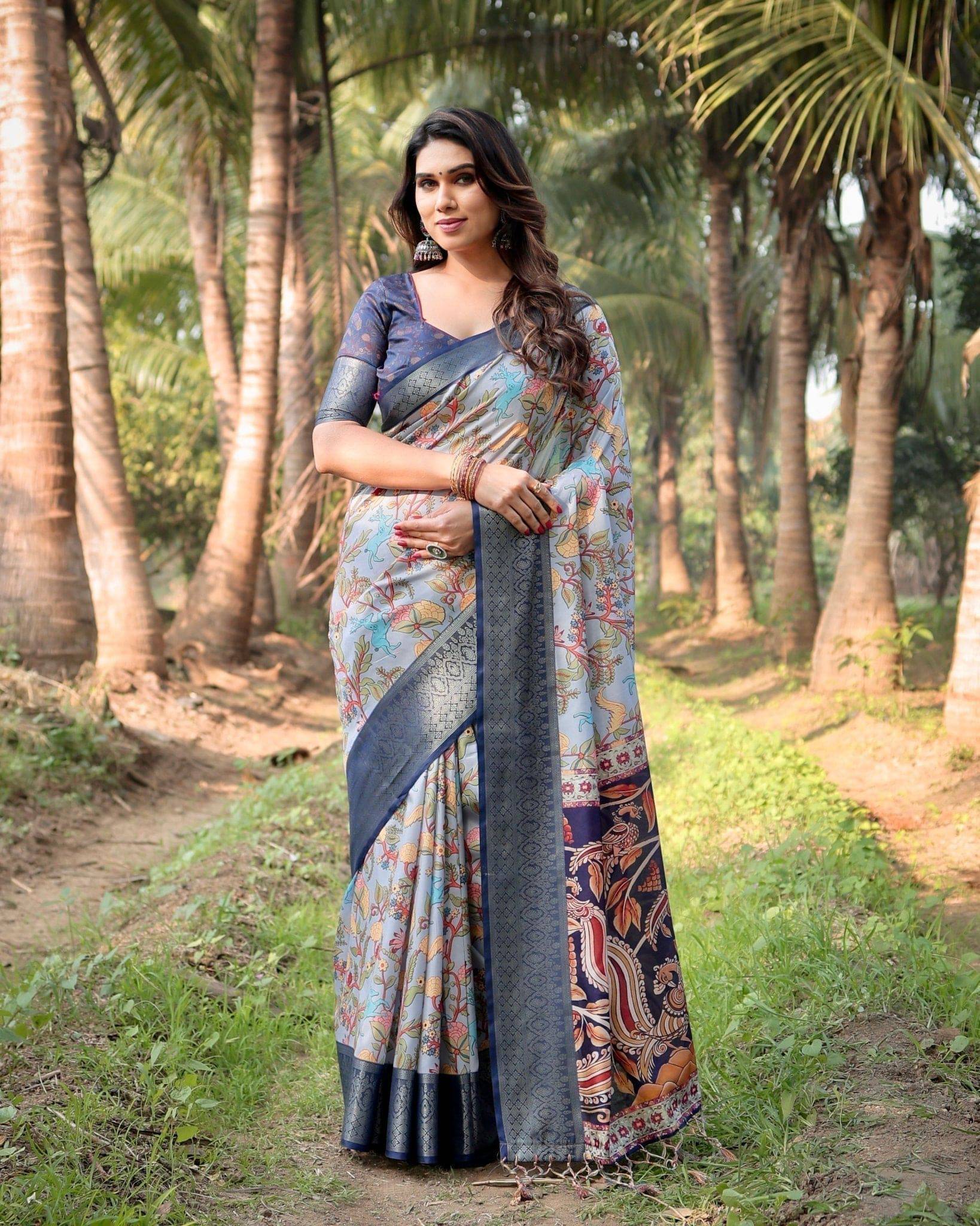 Sky Blue and Navy Digital Print Tussar Silk Saree with Zari Woven Border and Floral Motif Pallu Secondary image
