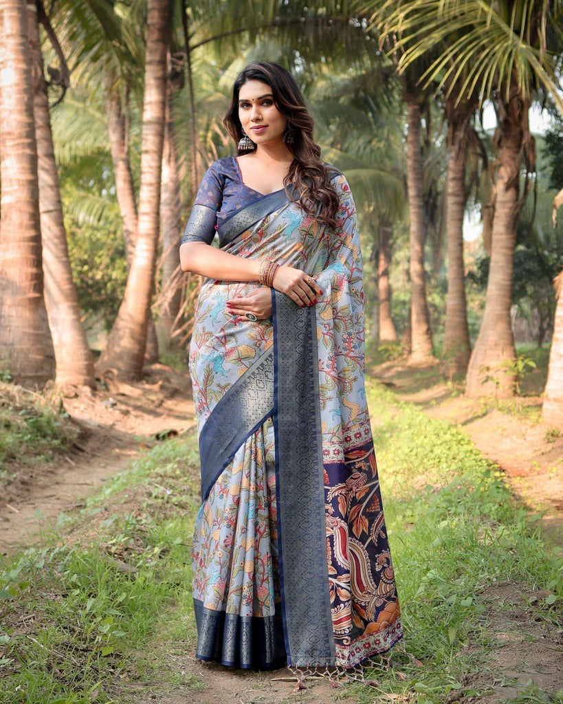 Sky Blue and Navy Digital Print Tussar Silk Saree with Zari Woven Border and Floral Motif Pallu DIGITAL PRINT