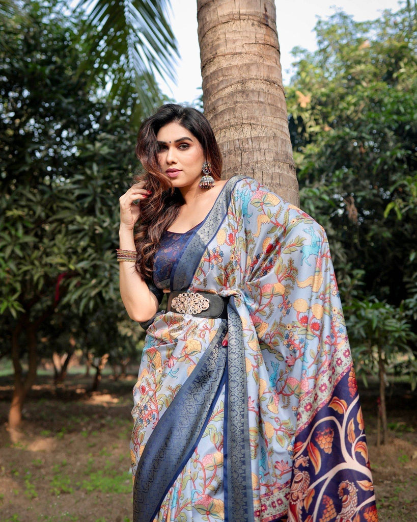 Sky Blue and Navy Digital Print Tussar Silk Saree with Zari Woven Border and Floral Motif Pallu DIGITAL PRINT