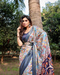 Load image into Gallery viewer, Sky Blue and Navy Digital Print Tussar Silk Saree with Zari Woven Border and Floral Motif Pallu DIGITAL PRINT