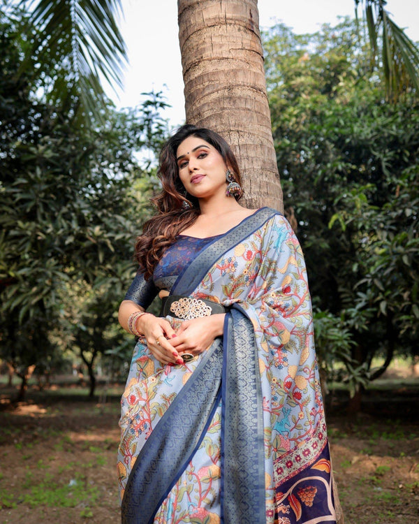 Sky Blue and Navy Digital Print Tussar Silk Saree with Zari Woven Border and Floral Motif Pallu DIGITAL PRINT