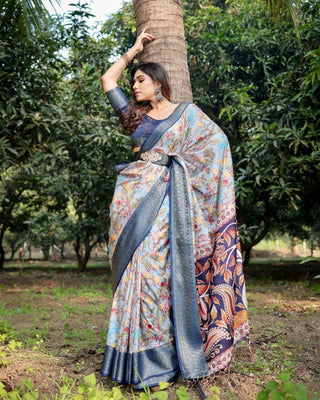 Sky Blue and Navy Digital Print Tussar Silk Saree with Zari Woven Border and Floral Motif Pallu DIGITAL PRINT