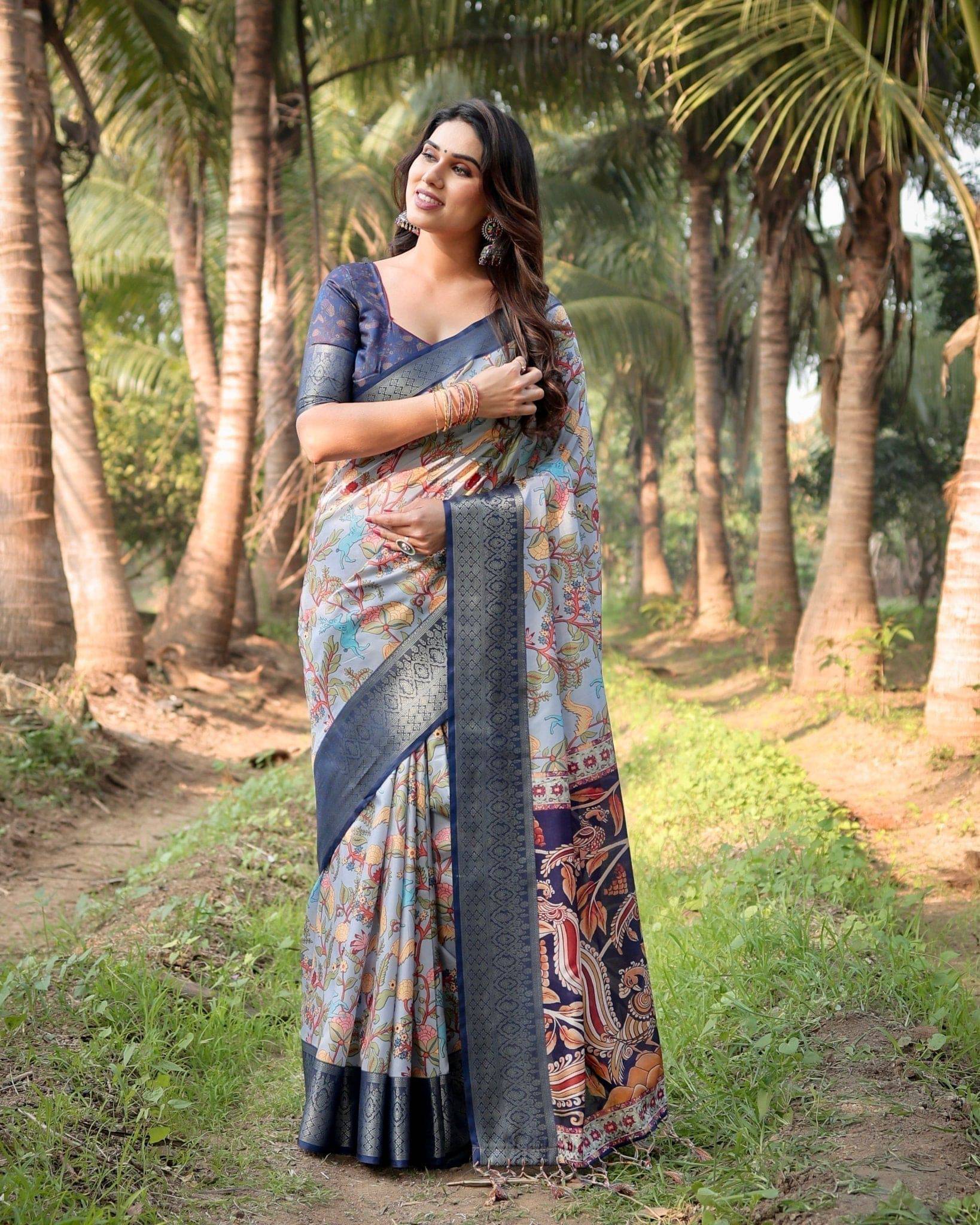 Sky Blue and Navy Digital Print Tussar Silk Saree with Zari Woven Border and Floral Motif Pallu Secondary image