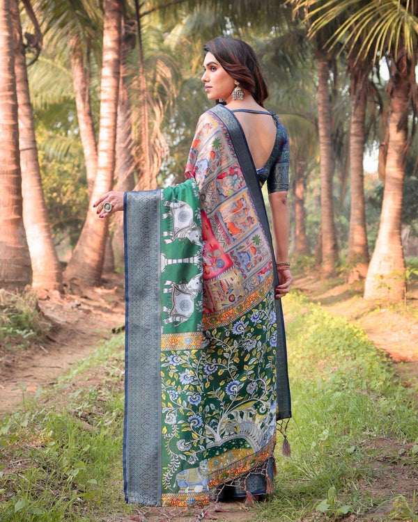 Multicolored Digital Print Tussar Silk Saree with Intricate Zari Border and Elephant Motif Pallu DIGITAL PRINT