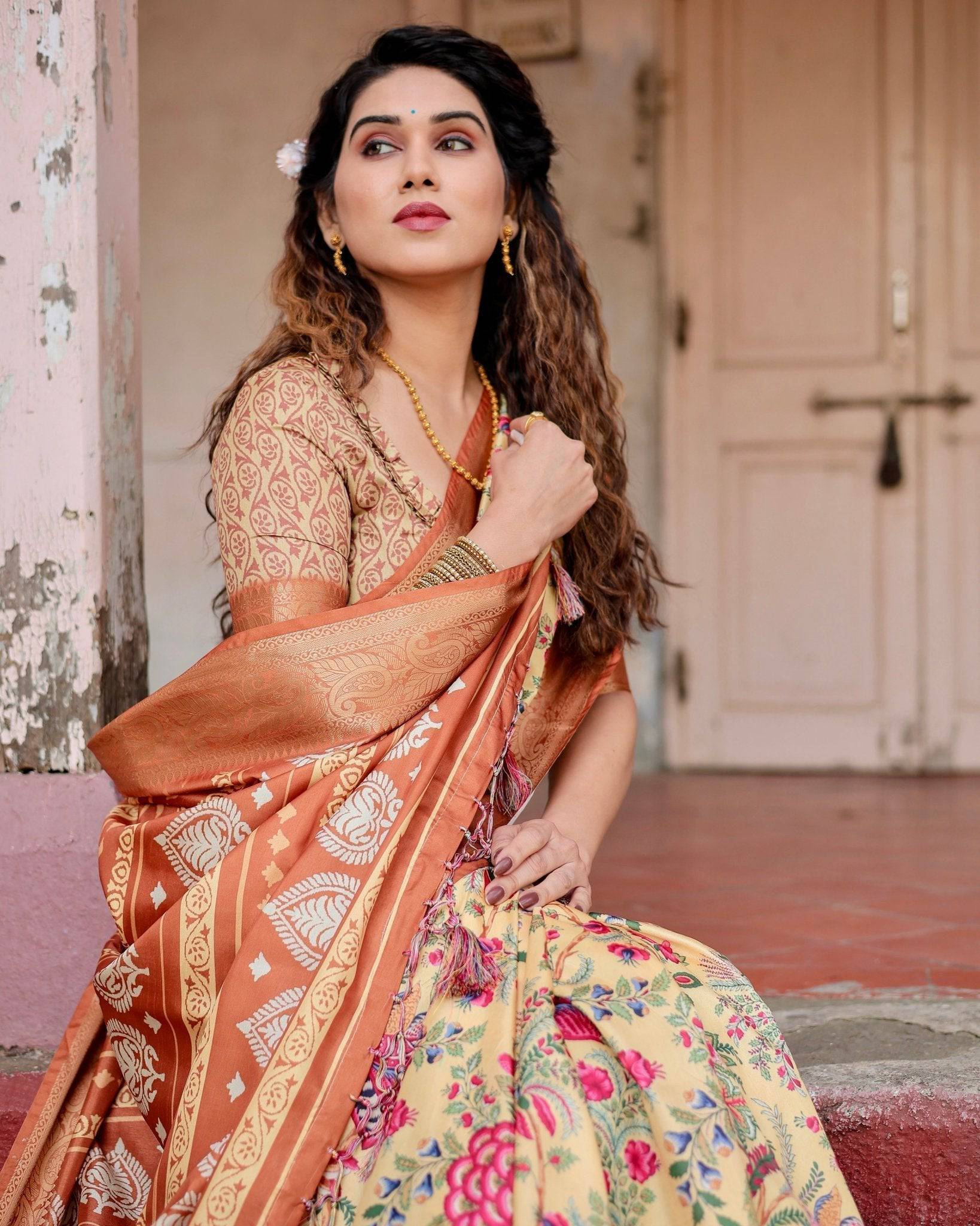 Golden Beige Tussar Silk Saree with Floral Paradise Print and Ornate Zari Border DIGITAL PRINT