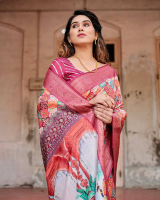 Maroon Tussar Silk Saree with Vibrant Geometric Tile Print and Zari Paisley Border DIGITAL PRINT