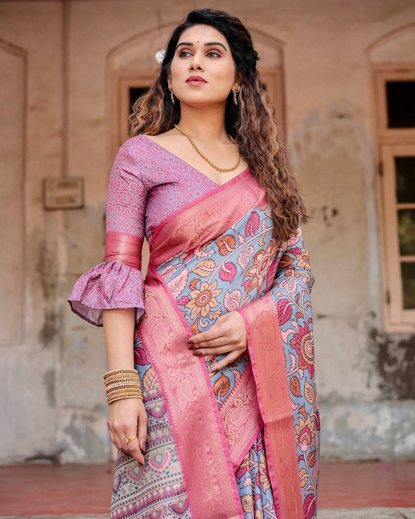Graceful Grey Tussar Silk Saree with Pink Zari Border and Intricate Floral Motifs DIGITAL PRINT