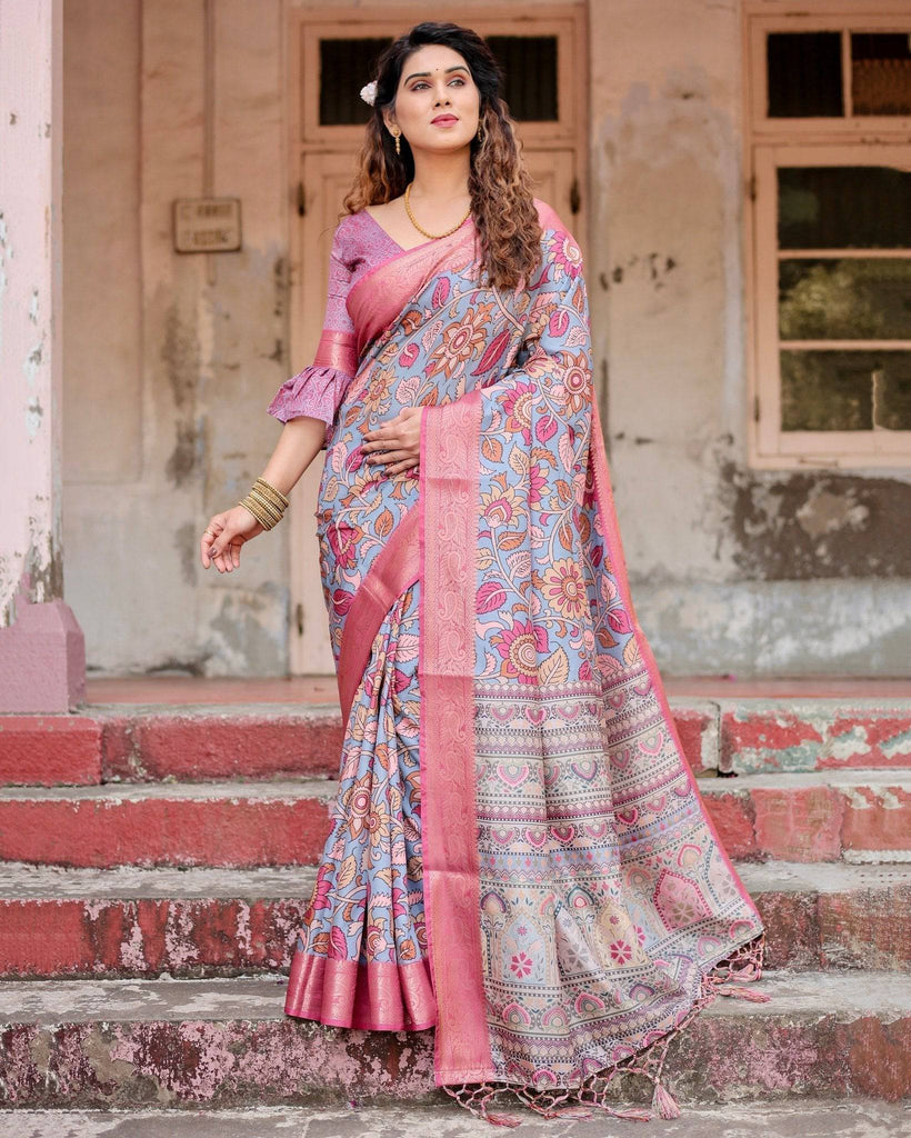 Graceful Grey Tussar Silk Saree with Pink Zari Border and Intricate Floral Motifs DIGITAL PRINT