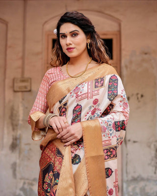 Ivory Tussar Silk Saree with Artistic Floral Motifs and Gleaming Golden Zari Border DIGITAL PRINT