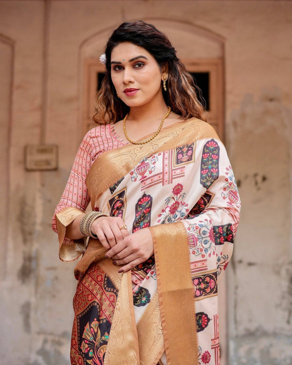 Ivory Tussar Silk Saree with Artistic Floral Motifs and Gleaming Golden Zari Border DIGITAL PRINT