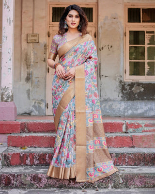 Exquisite Gray Floral Digital Print Saree with Golden Border and Ornamental Pallu DIGITAL PRINT
