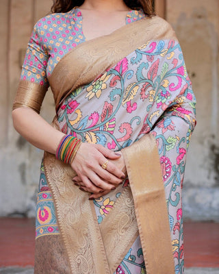 Exquisite Gray Floral Digital Print Saree with Golden Border and Ornamental Pallu DIGITAL PRINT
