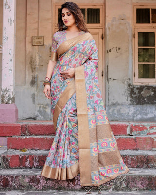 Exquisite Gray Floral Digital Print Saree with Golden Border and Ornamental Pallu DIGITAL PRINT