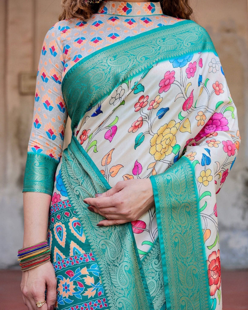 Elegant Multicolor Floral Digital Print Saree with Ornate Green Border and Artistic Pallu DIGITAL PRINT