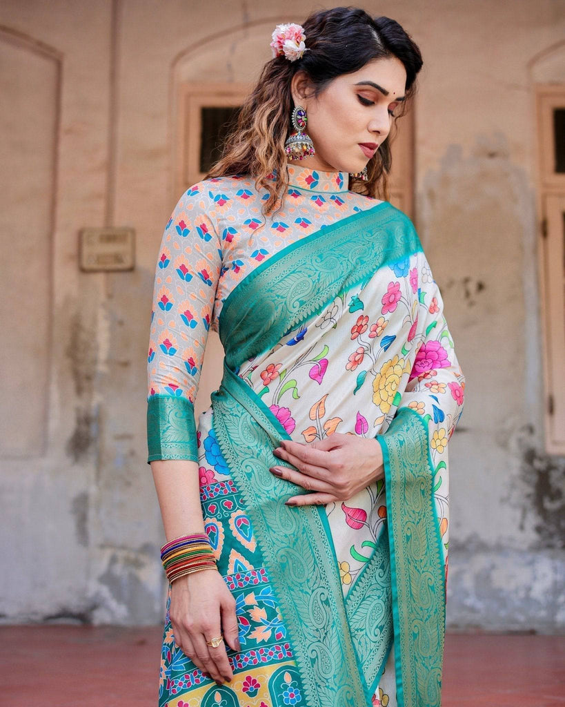 Elegant Multicolor Floral Digital Print Saree with Ornate Green Border and Artistic Pallu DIGITAL PRINT