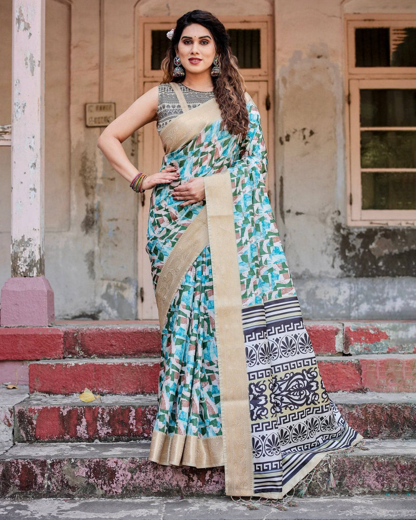 Contemporary Abstract Print Saree with Gold Border and Monochrome Patterned Pallu DIGITAL PRINT