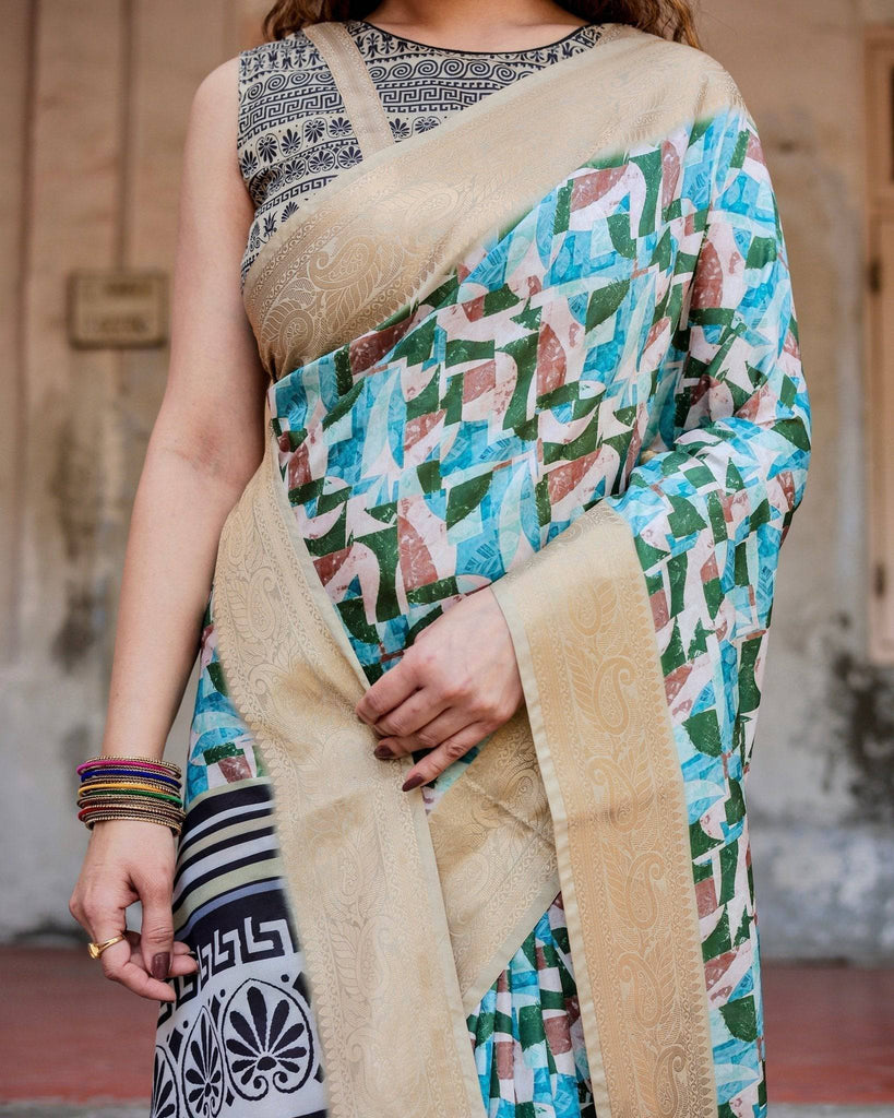 Contemporary Abstract Print Saree with Gold Border and Monochrome Patterned Pallu DIGITAL PRINT