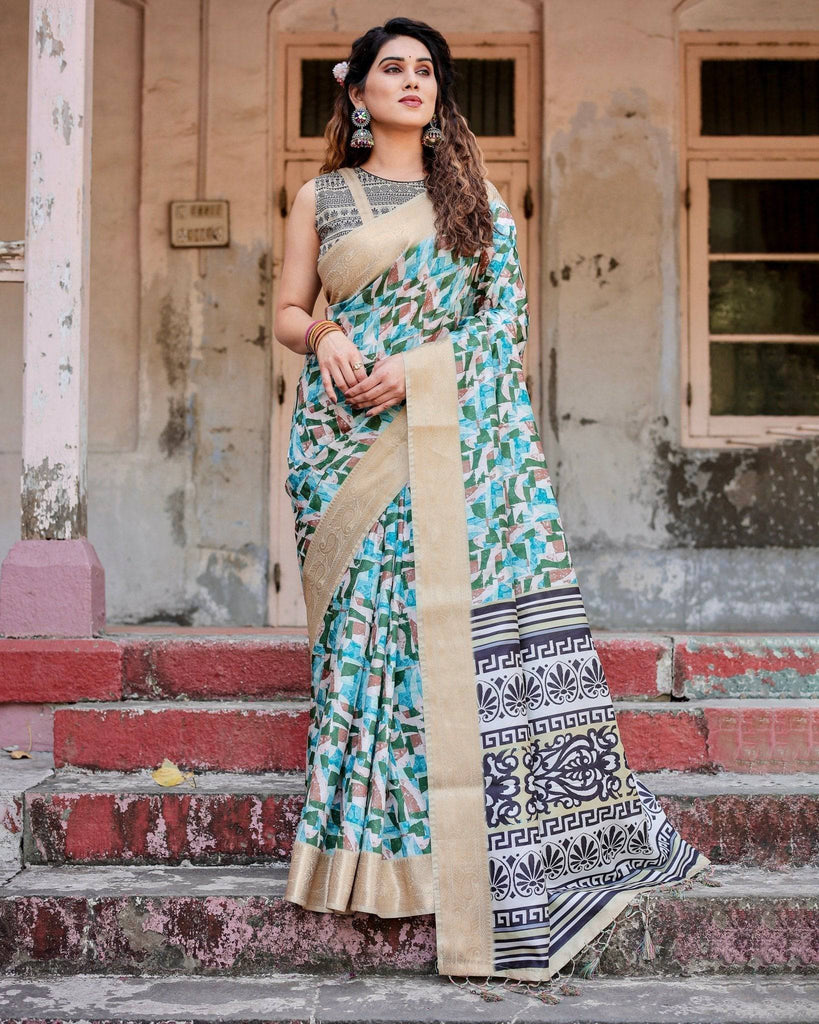 Contemporary Abstract Print Saree with Gold Border and Monochrome Patterned Pallu DIGITAL PRINT