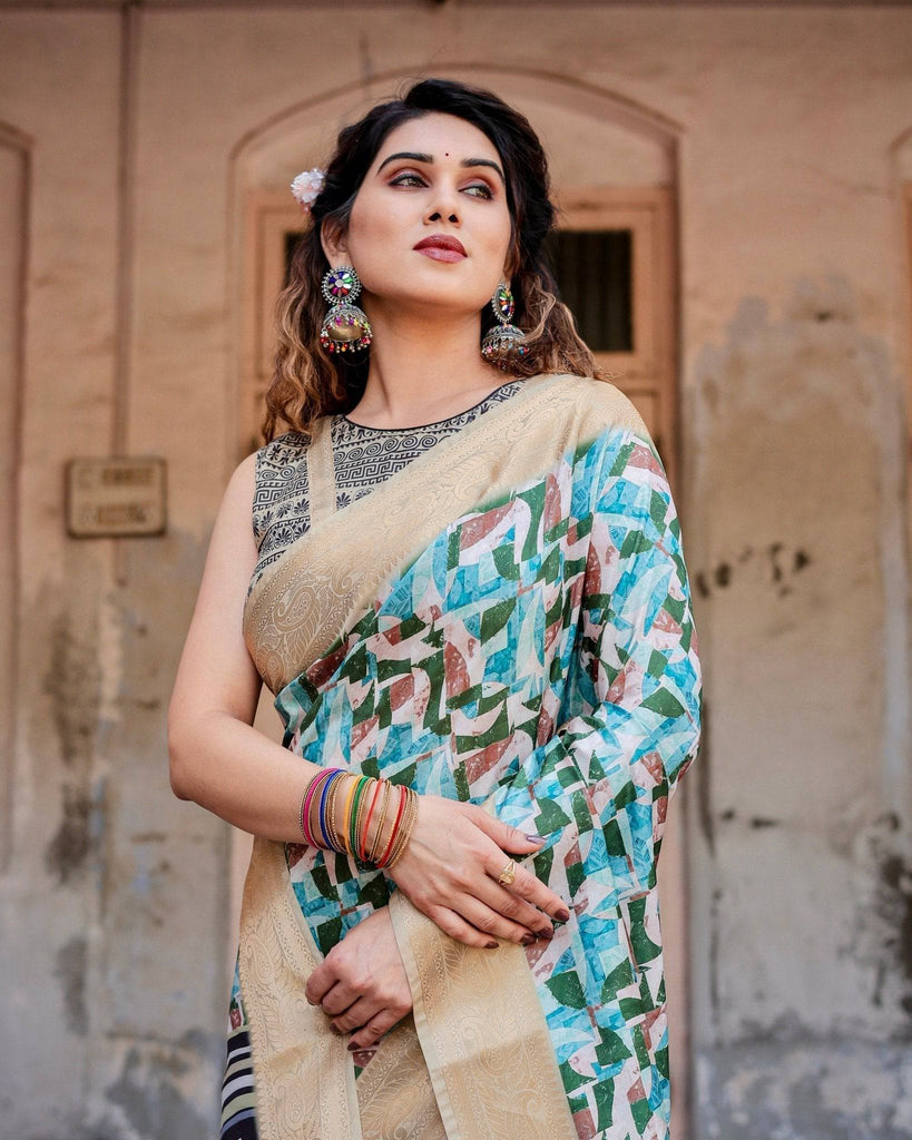 Contemporary Abstract Print Saree with Gold Border and Monochrome Patterned Pallu DIGITAL PRINT