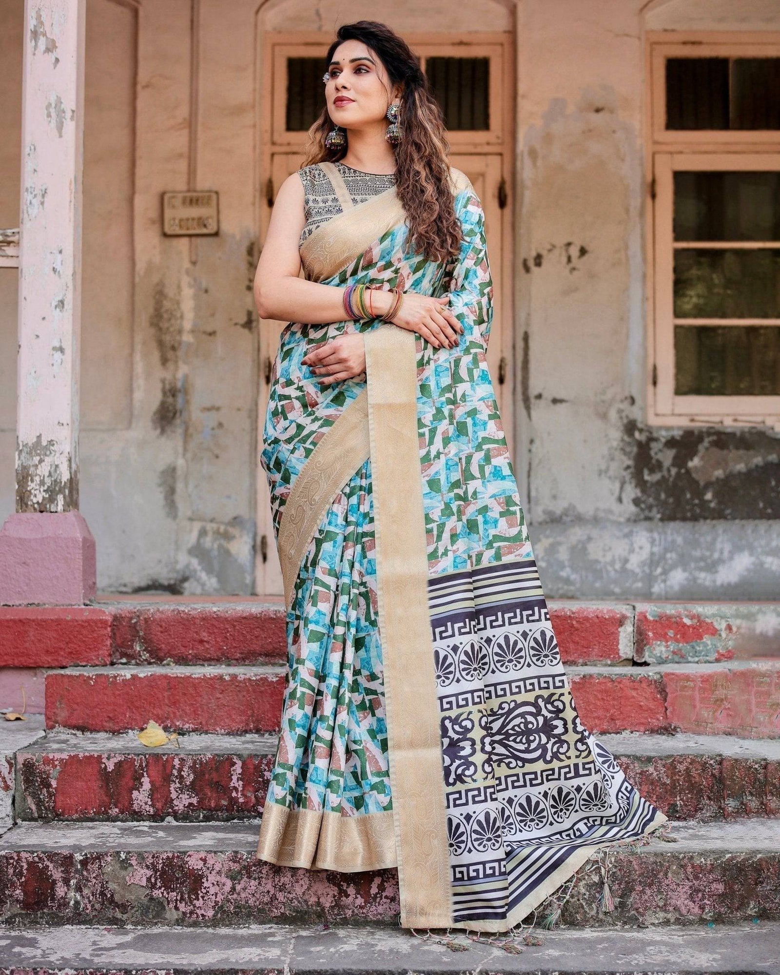 Contemporary Abstract Print Saree with Gold Border and Monochrome Patterned Pallu DIGITAL PRINT