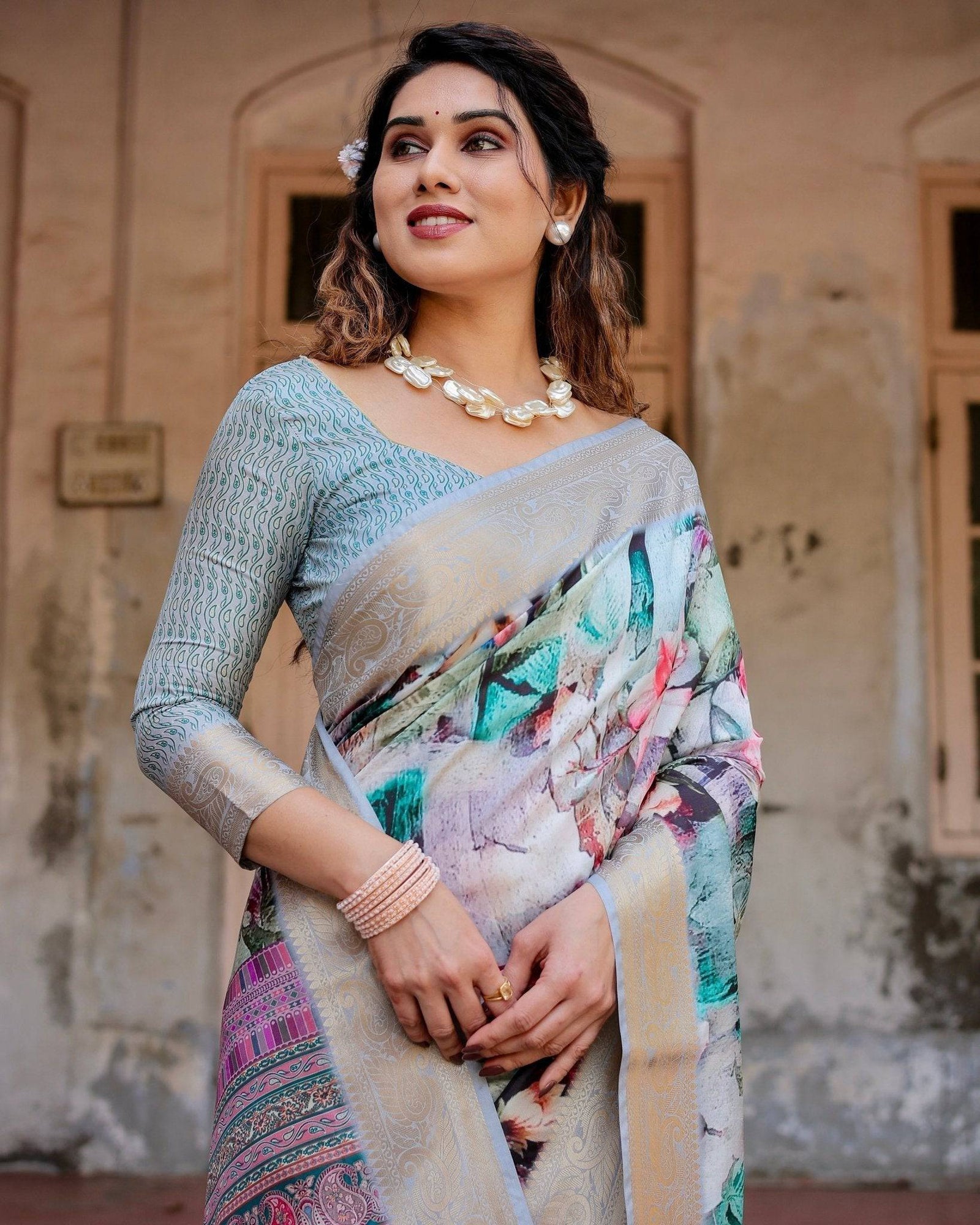 Graceful Floral Digital Print Saree with Gold Paisley Border and Multicolor Pallu DIGITAL PRINT