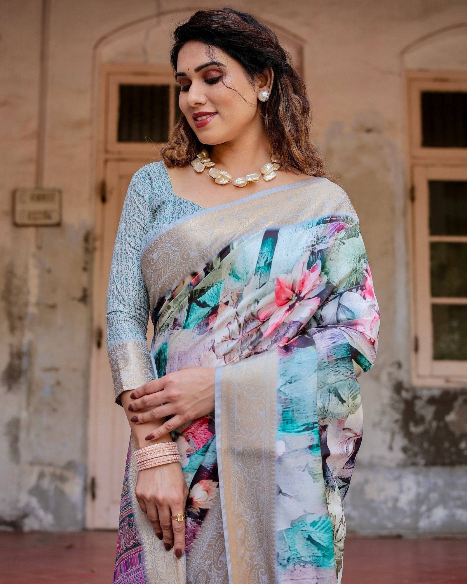 Graceful Floral Digital Print Saree with Gold Paisley Border and Multicolor Pallu DIGITAL PRINT