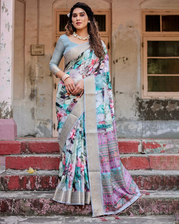 Graceful Floral Digital Print Saree with Gold Paisley Border and Multicolor Pallu DIGITAL PRINT