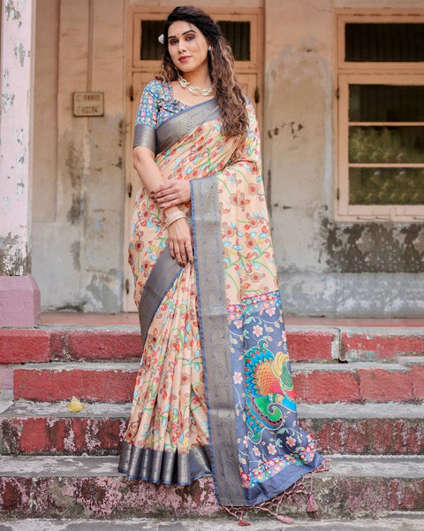 Peach and Navy Blue Floral Saree with Vibrant Peacock Pallu and Tassel Detailing DIGITAL PRINT Main image