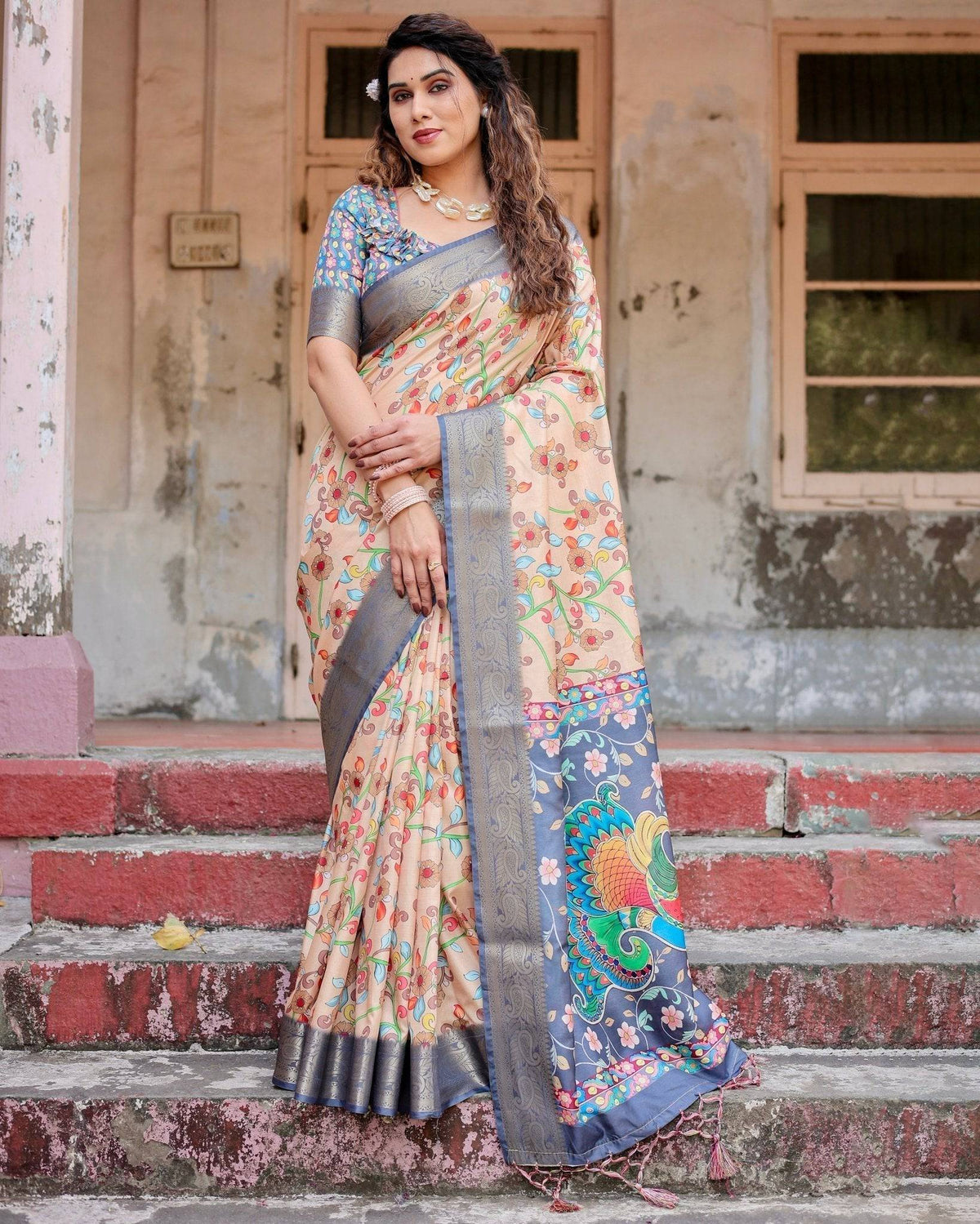 Peach and Navy Blue Floral Saree with Vibrant Peacock Pallu and Tassel Detailing DIGITAL PRINT Main image