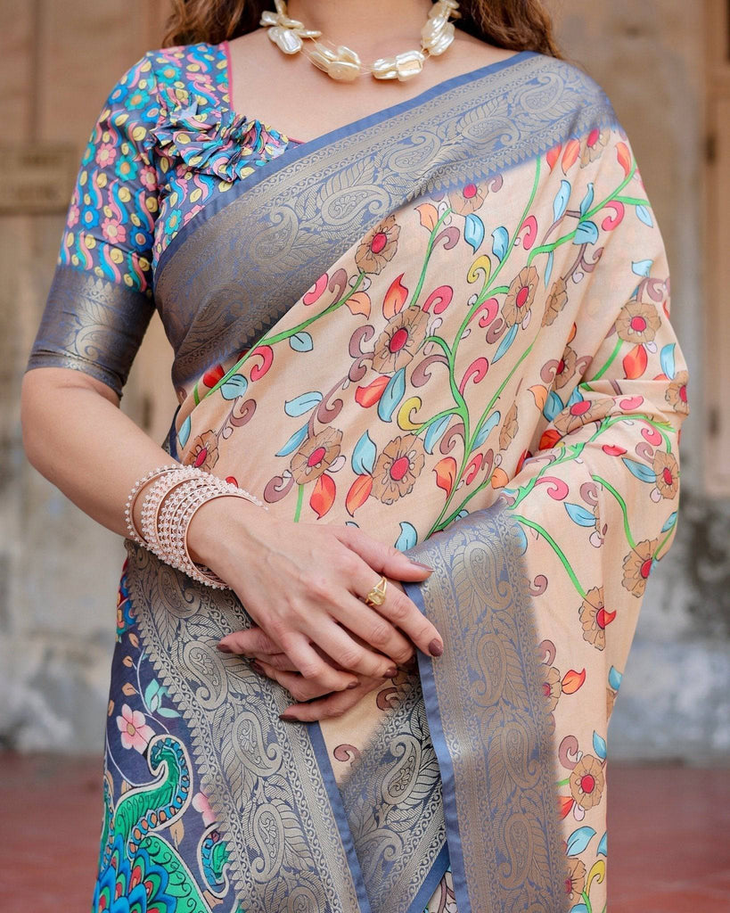 Peach and Navy Blue Floral Saree with Vibrant Peacock Pallu and Tassel Detailing DIGITAL PRINT