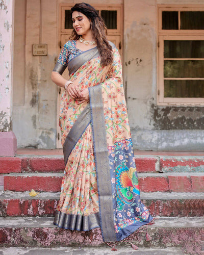 Peach and Navy Blue Floral Saree with Vibrant Peacock Pallu and Tassel Detailing DIGITAL PRINT