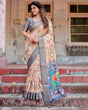 Load image into Gallery viewer, Peach and Navy Blue Floral Saree with Vibrant Peacock Pallu and Tassel Detailing DIGITAL PRINT