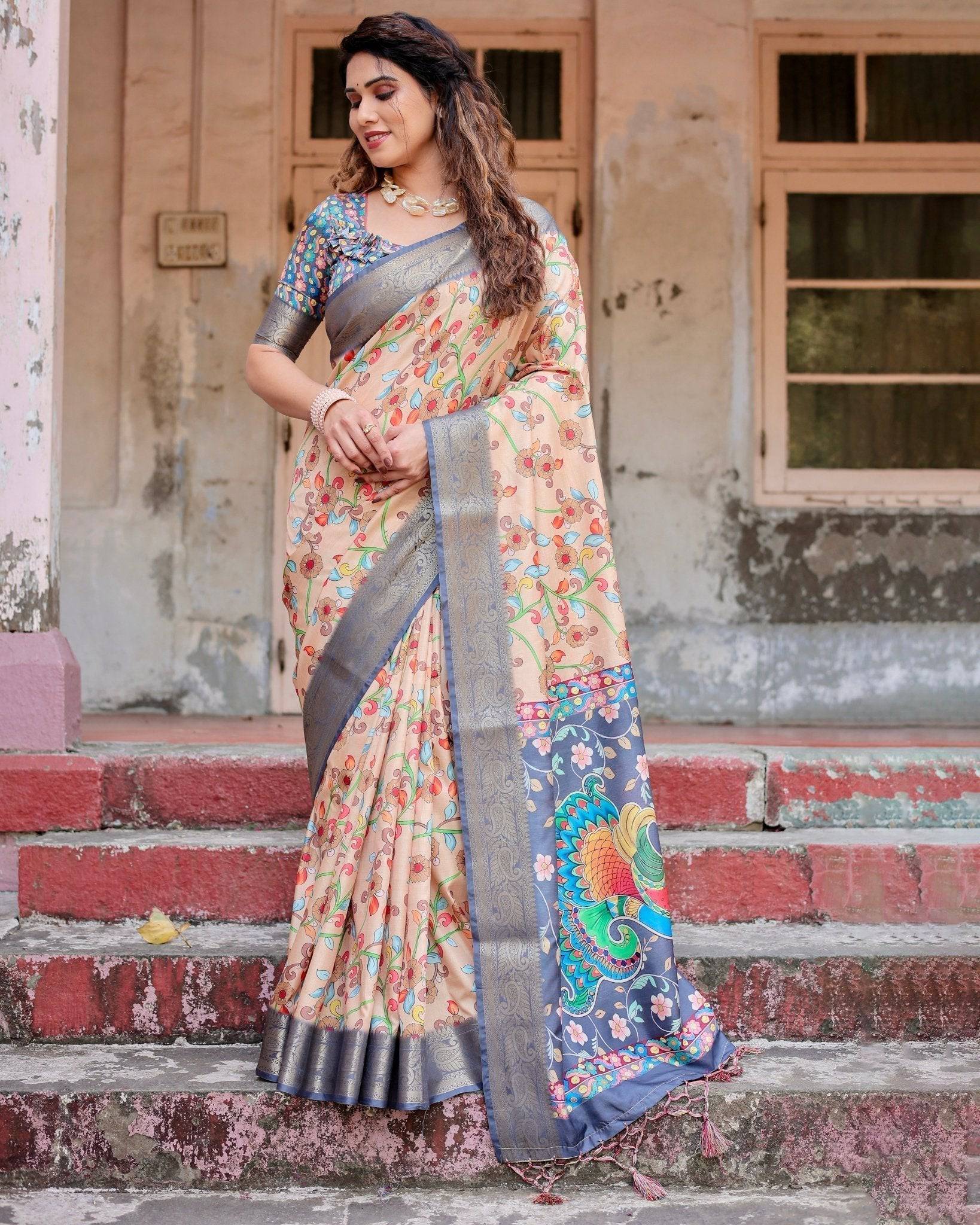 Peach and Navy Blue Floral Saree with Vibrant Peacock Pallu and Tassel Detailing Secondary image