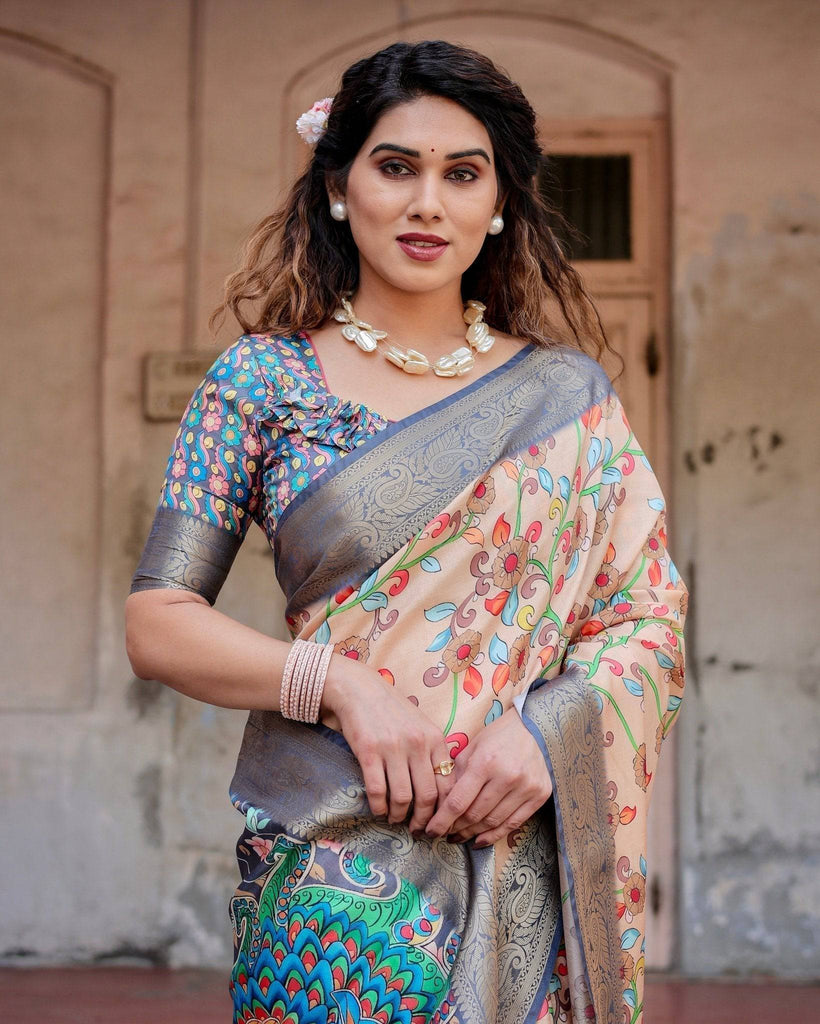 Peach and Navy Blue Floral Saree with Vibrant Peacock Pallu and Tassel Detailing DIGITAL PRINT