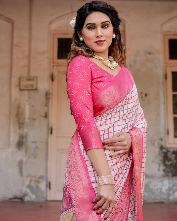 Pink and Ivory Tussar Silk Saree with Golden Zari Border and Majestic Elephant Motif Pallu DIGITAL PRINT