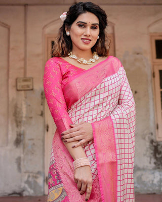 Pink and Ivory Tussar Silk Saree with Golden Zari Border and Majestic Elephant Motif Pallu DIGITAL PRINT