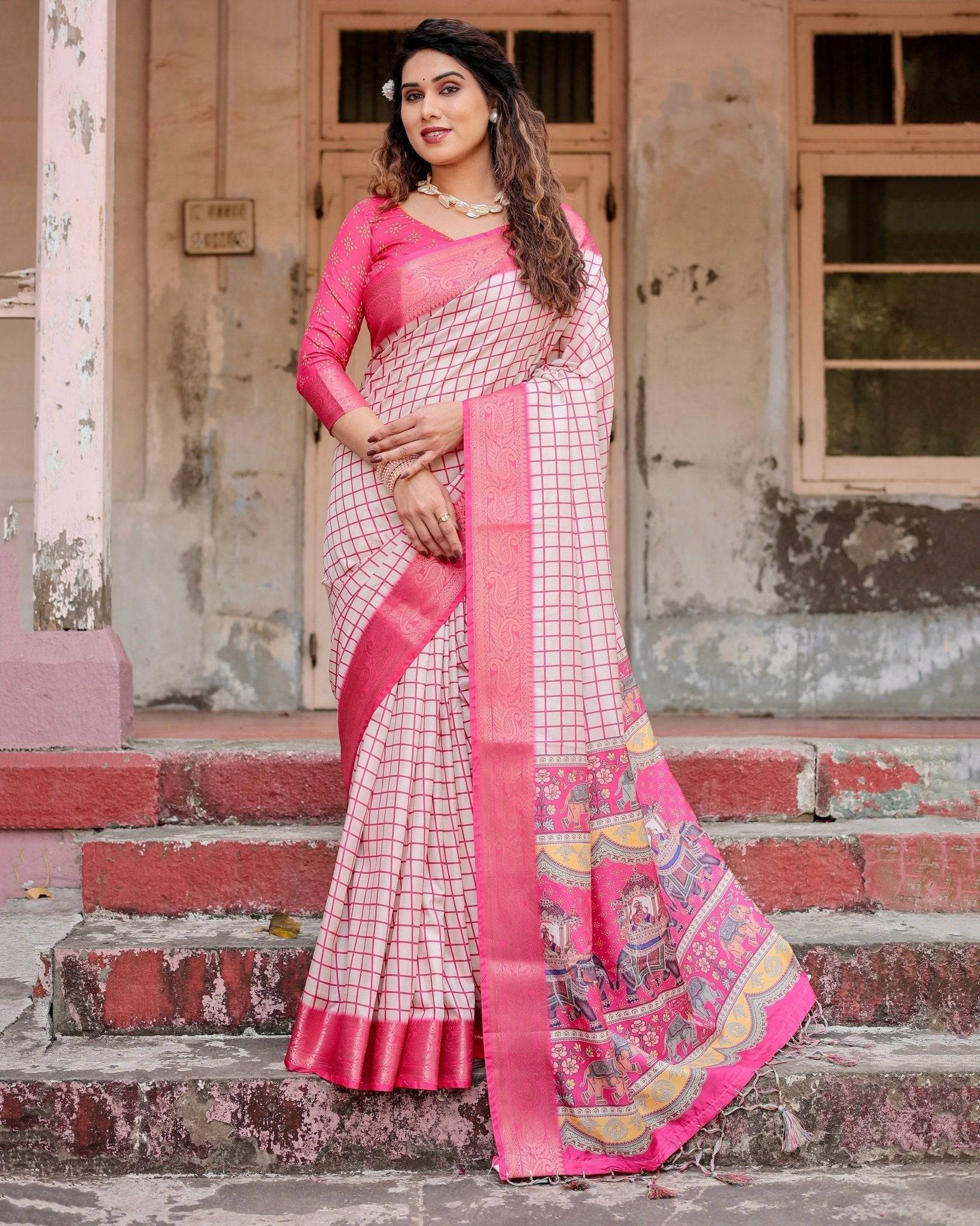 Pink and Ivory Tussar Silk Saree with Golden Zari Border and Majestic Elephant Motif Pallu Secondary image