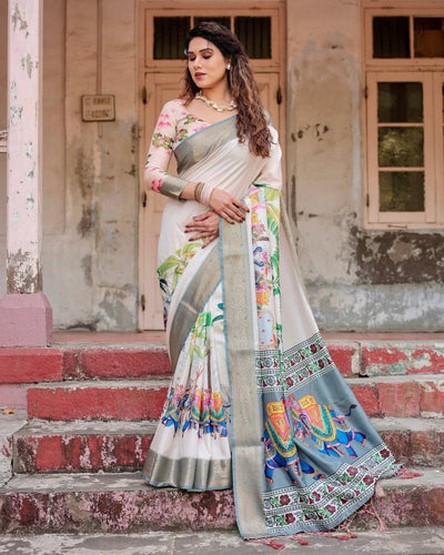 Ivory Tussar Silk Saree with Handcrafted Elephant Motif Pallu and Golden Zari Border DIGITAL PRINT