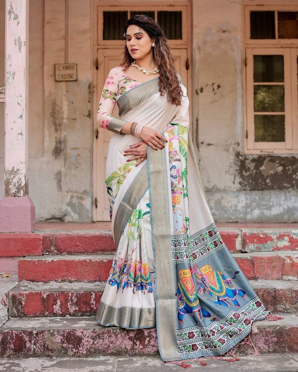 Ivory Tussar Silk Saree with Handcrafted Elephant Motif Pallu and Golden Zari Border DIGITAL PRINT