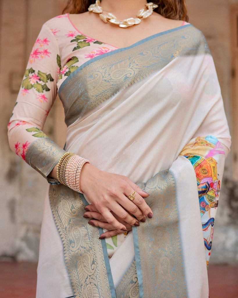 Ivory Tussar Silk Saree with Handcrafted Elephant Motif Pallu and Golden Zari Border DIGITAL PRINT
