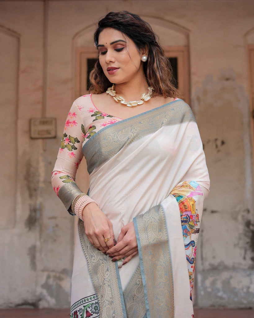 Ivory Tussar Silk Saree with Handcrafted Elephant Motif Pallu and Golden Zari Border DIGITAL PRINT