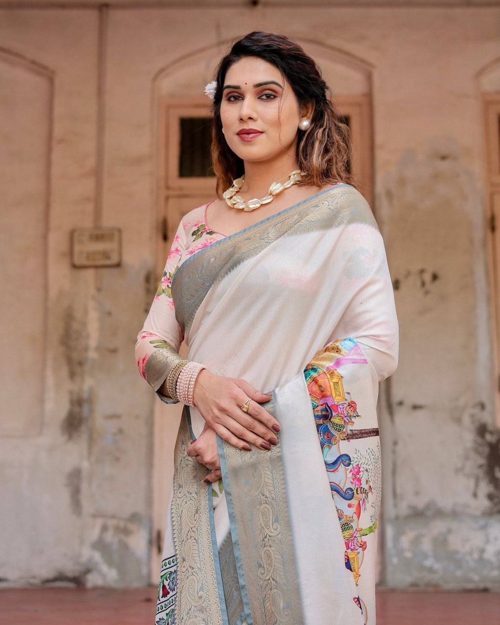 Ivory Tussar Silk Saree with Handcrafted Elephant Motif Pallu and Golden Zari Border DIGITAL PRINT