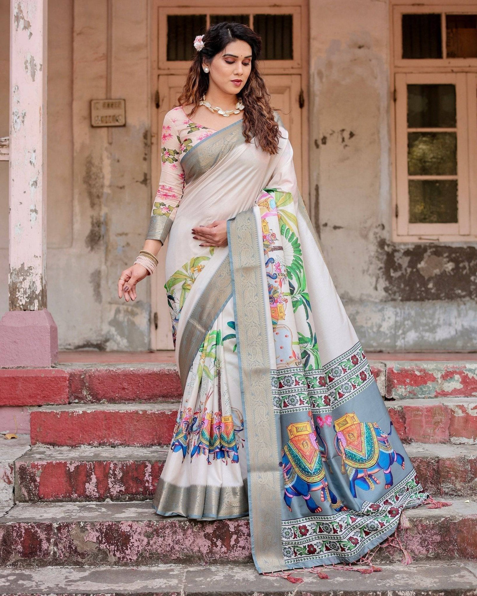 Ivory Tussar Silk Saree with Handcrafted Elephant Motif Pallu and Golden Zari Border DIGITAL PRINT