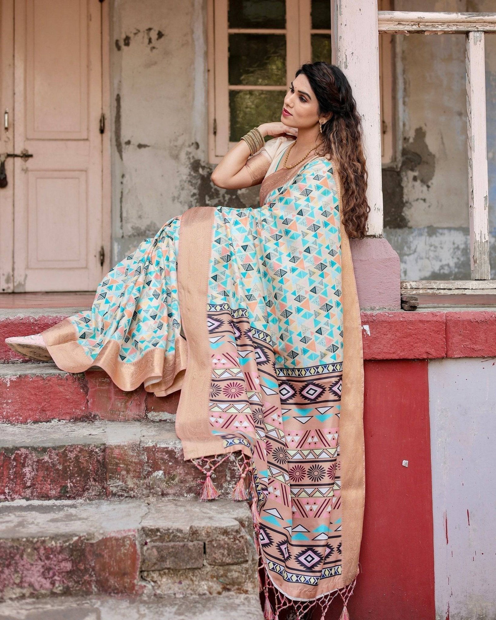 Contemporary Beige Tussar Silk Saree with Geometric Triangle Print and Golden Zari Border DIGITAL PRINT