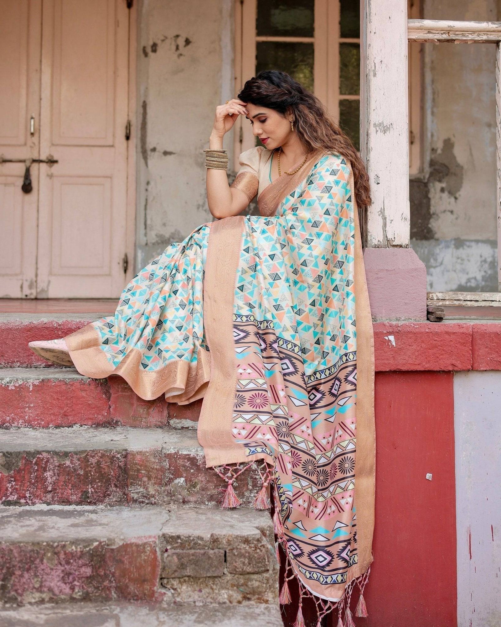 Contemporary Beige Tussar Silk Saree with Geometric Triangle Print and Golden Zari Border DIGITAL PRINT