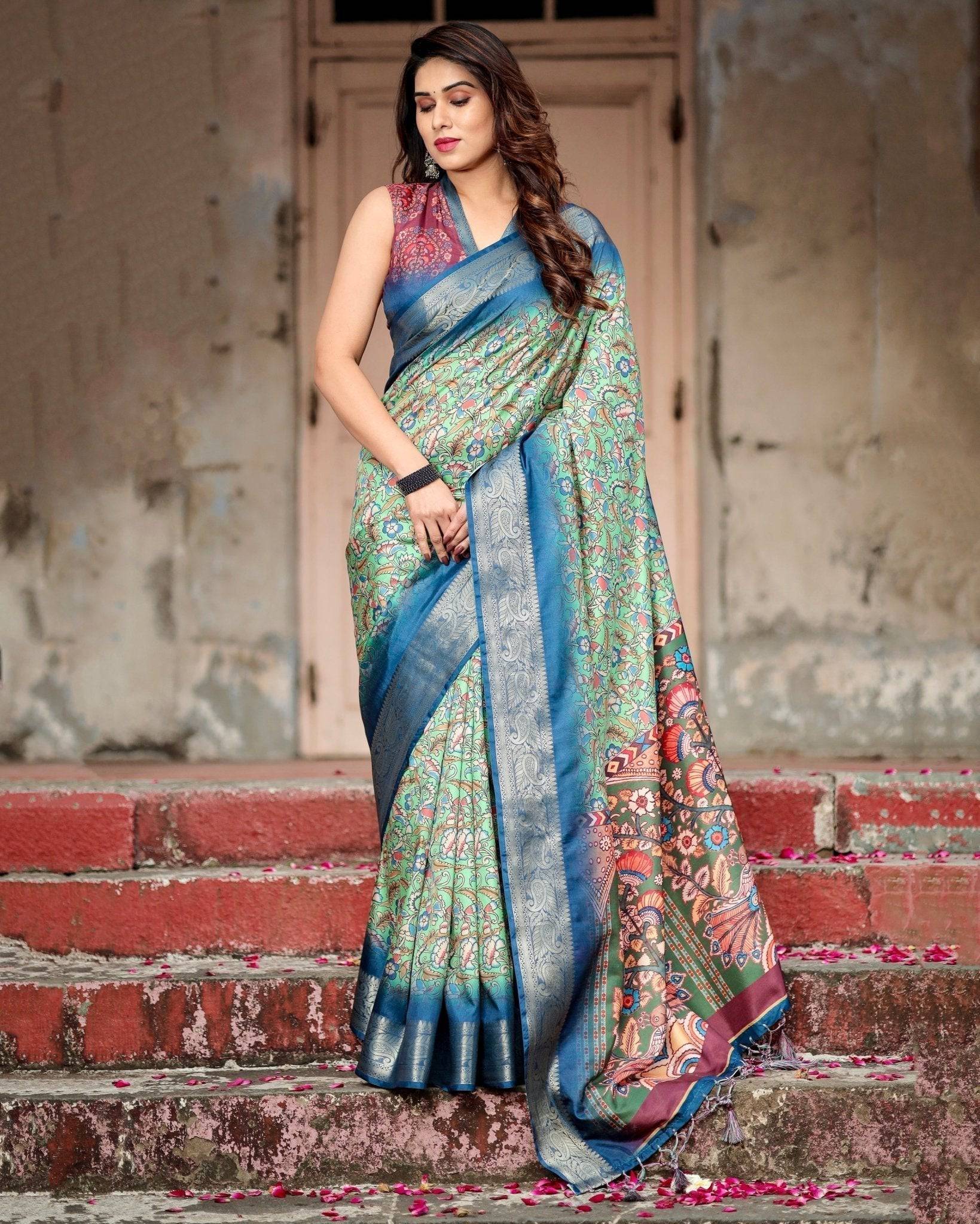 Majestic Blue and Green Digital Print Saree with Intricate Floral Motifs and Contrasting Pallu DIGITAL PRINT Main image