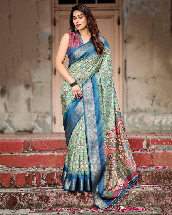 Majestic Blue and Green Digital Print Saree with Intricate Floral Motifs and Contrasting Pallu DIGITAL PRINT