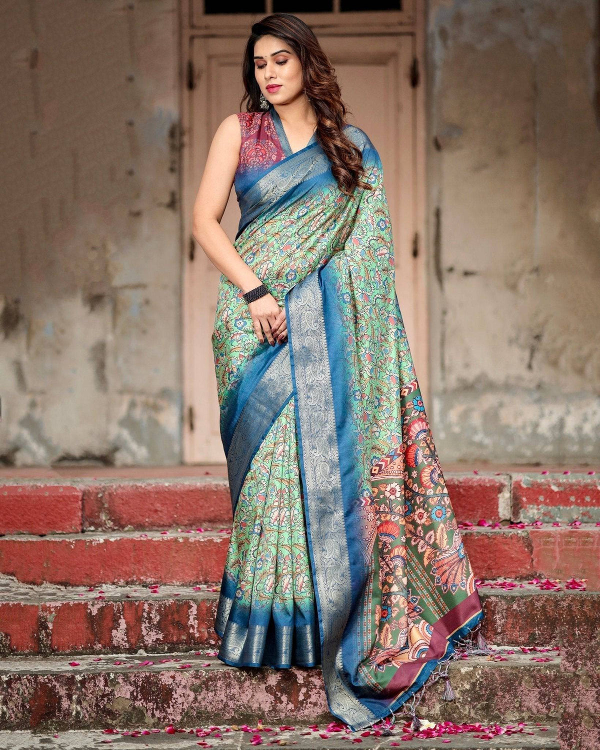 Majestic Blue and Green Digital Print Saree with Intricate Floral Motifs and Contrasting Pallu DIGITAL PRINT Main image