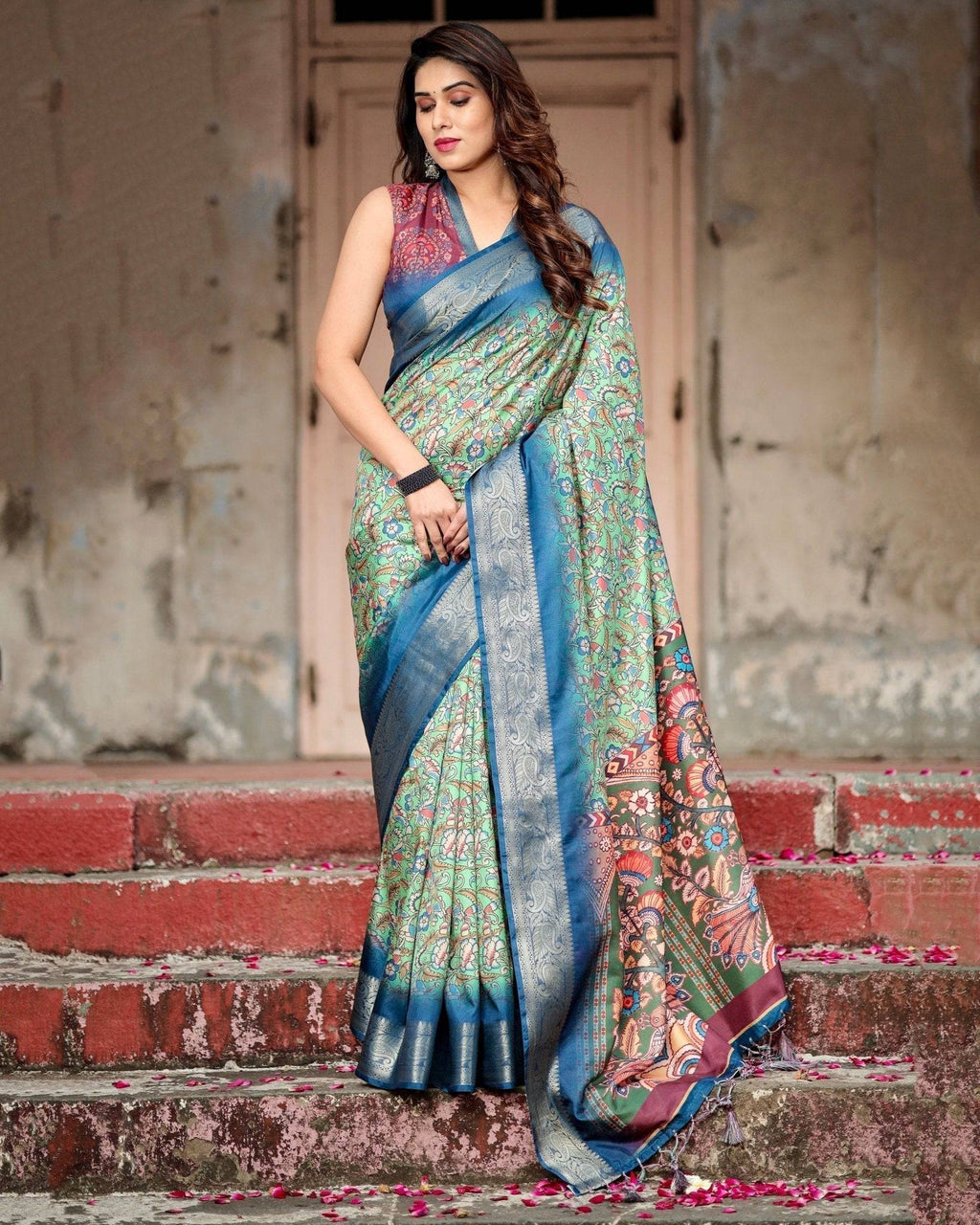 Majestic Blue and Green Digital Print Saree with Intricate Floral Motifs and Contrasting Pallu DIGITAL PRINT